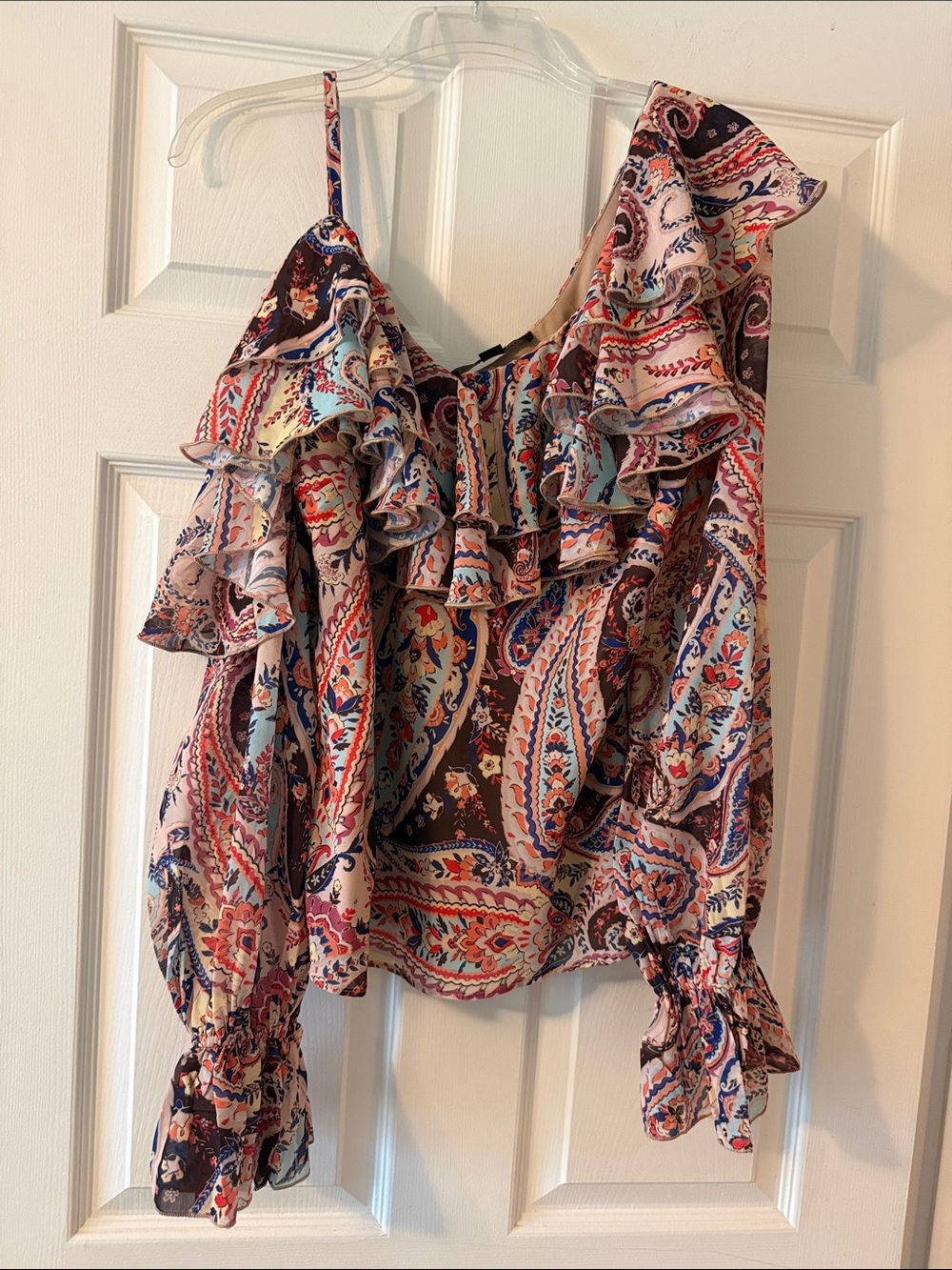 Boston Proper Paisley Ruffle One-Shoulder Blouse in Pink, Navy, Cream